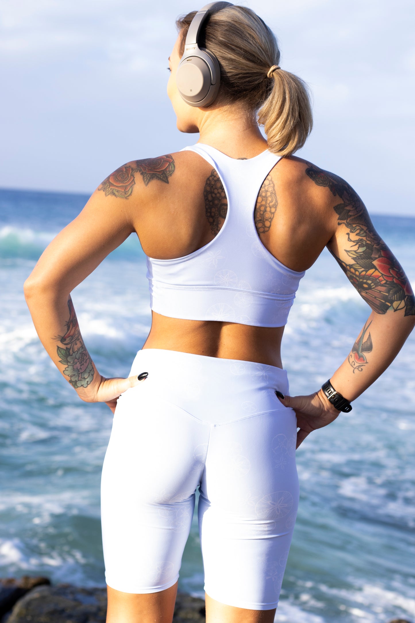 Sand Dollar in Hawkes Blue Longline sports bra