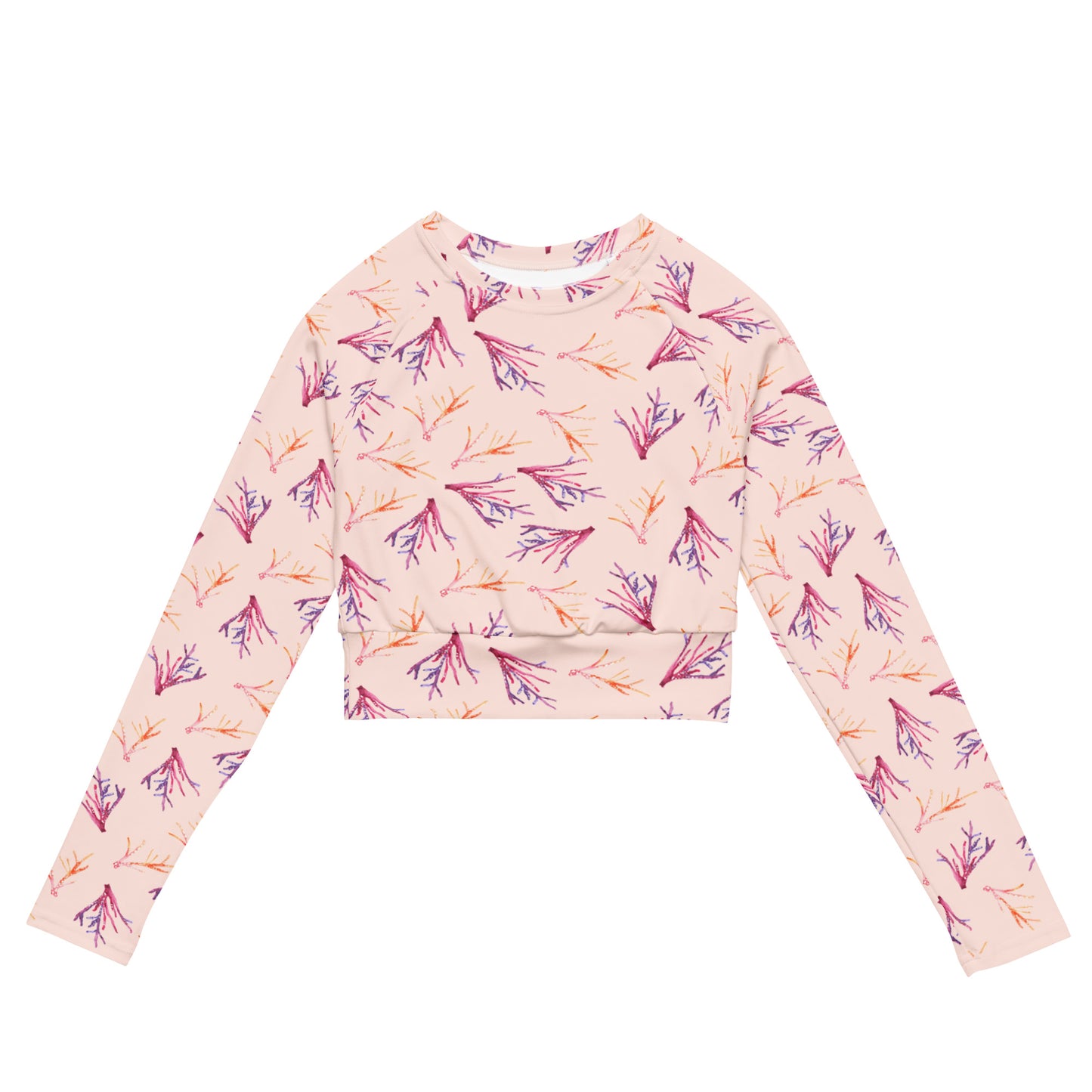Petrea Pink Corals Print Crop Rsh Guard - Whisp Pink background!