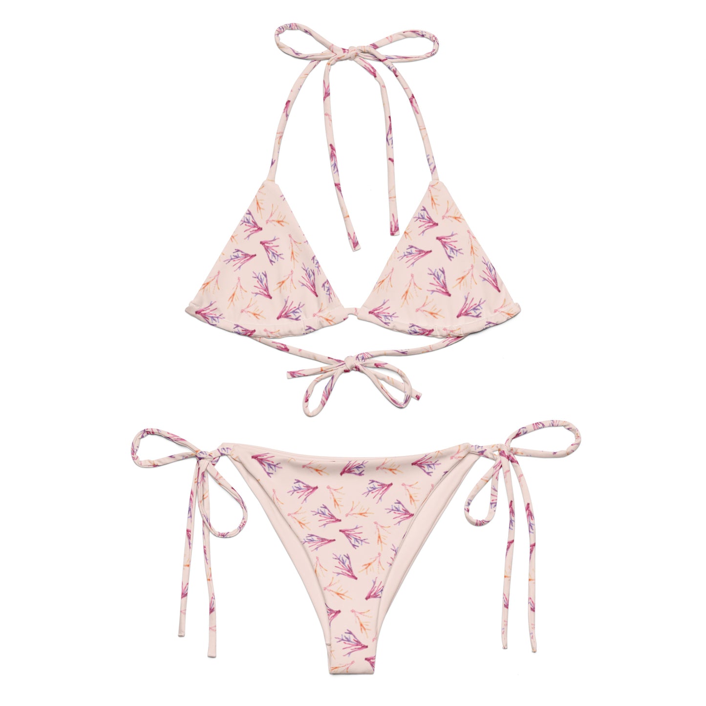 Petrea Pink Coral Print Tie sides Bikini -with light pink background!