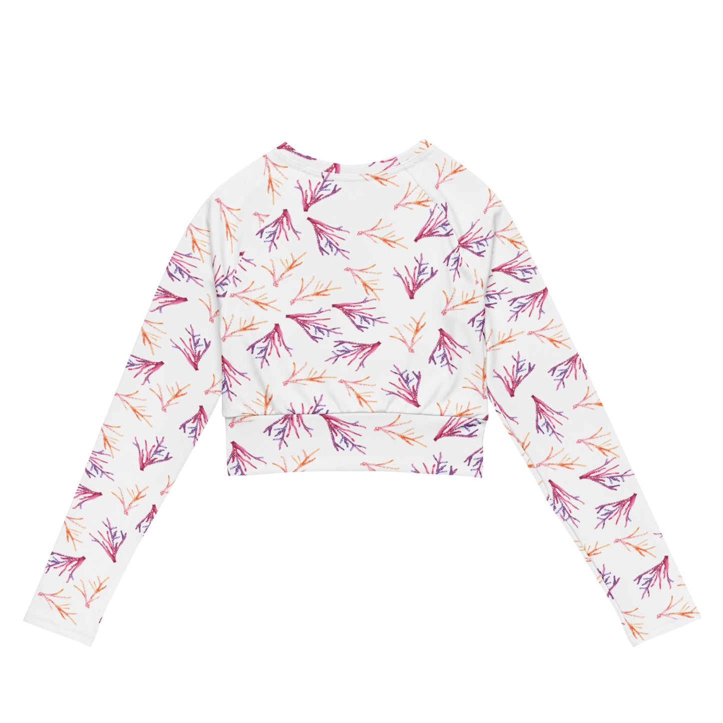 Petrea Pink Coral Print Recycled long-sleeve Rash Guard - White background!