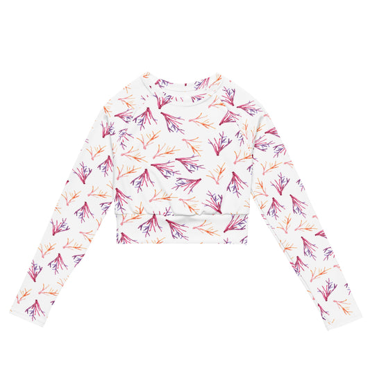 Petrea Pink Coral Print Recycled long-sleeve Rash Guard - White background!